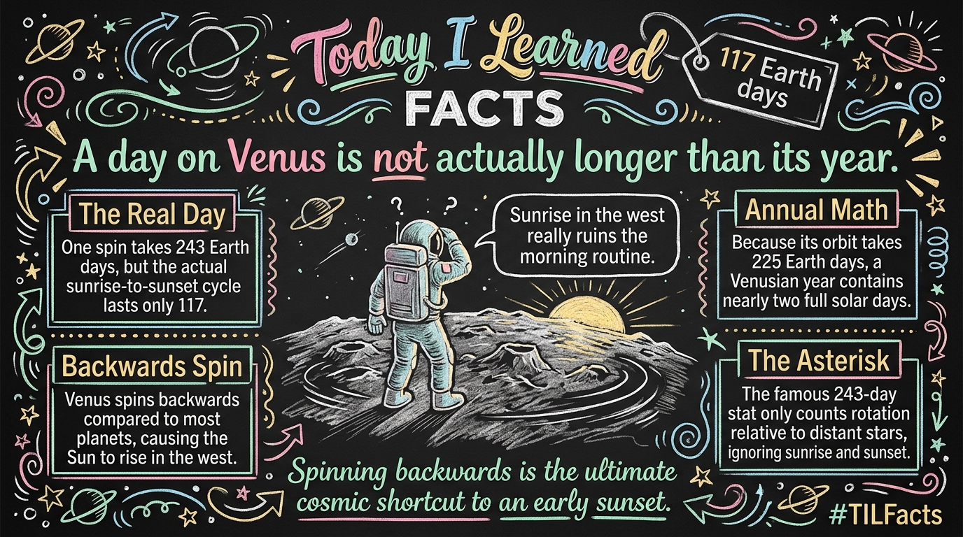 On Venus, a single day lasts longer than an entire year because it takes 243 Earth days to complete one rotation on its axis but only 225 Earth days to orbit the Sun.