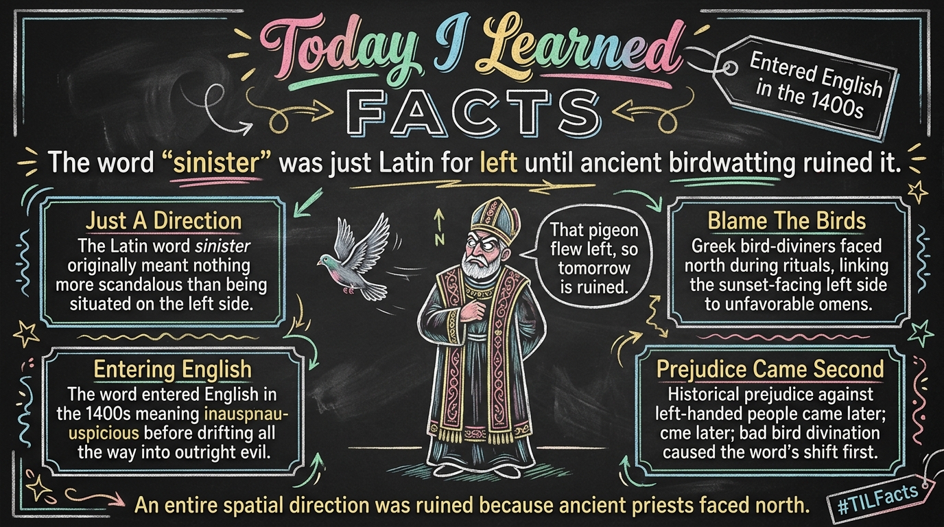 The word 'sinister' originally just meant 'left-handed' in Latin before centuries of superstition turned it into a synonym for evil.