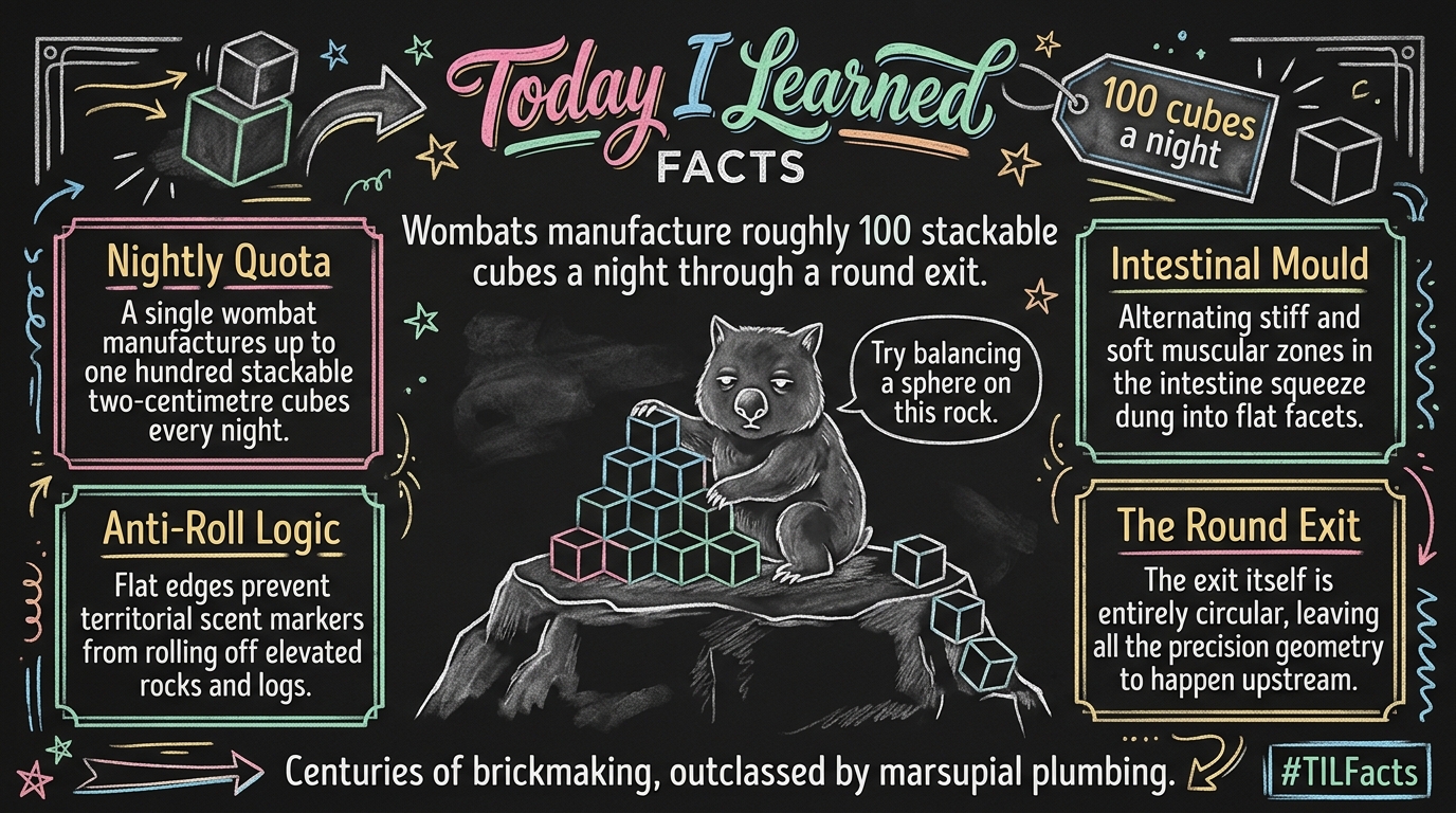 Wombats sculpt eighty sharp cubes every night through a round exit.