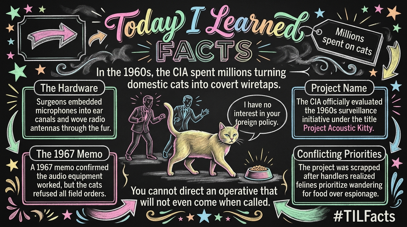 In the 1960s, the CIA spent millions on Operation Acoustic Kitty to turn real domestic cats into covert listening devices.
