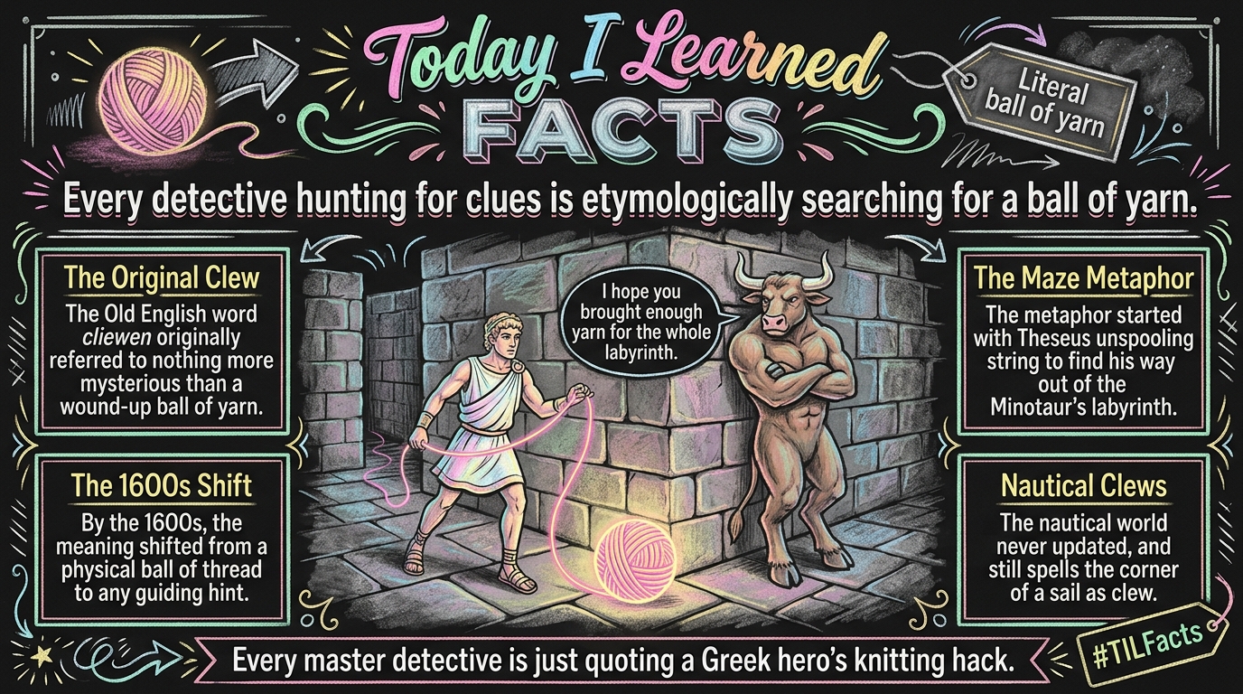 The word clue originally meant a literal ball of yarn, inspired by the ancient Greek myth of Theseus escaping the Minotaur's labyrinth.