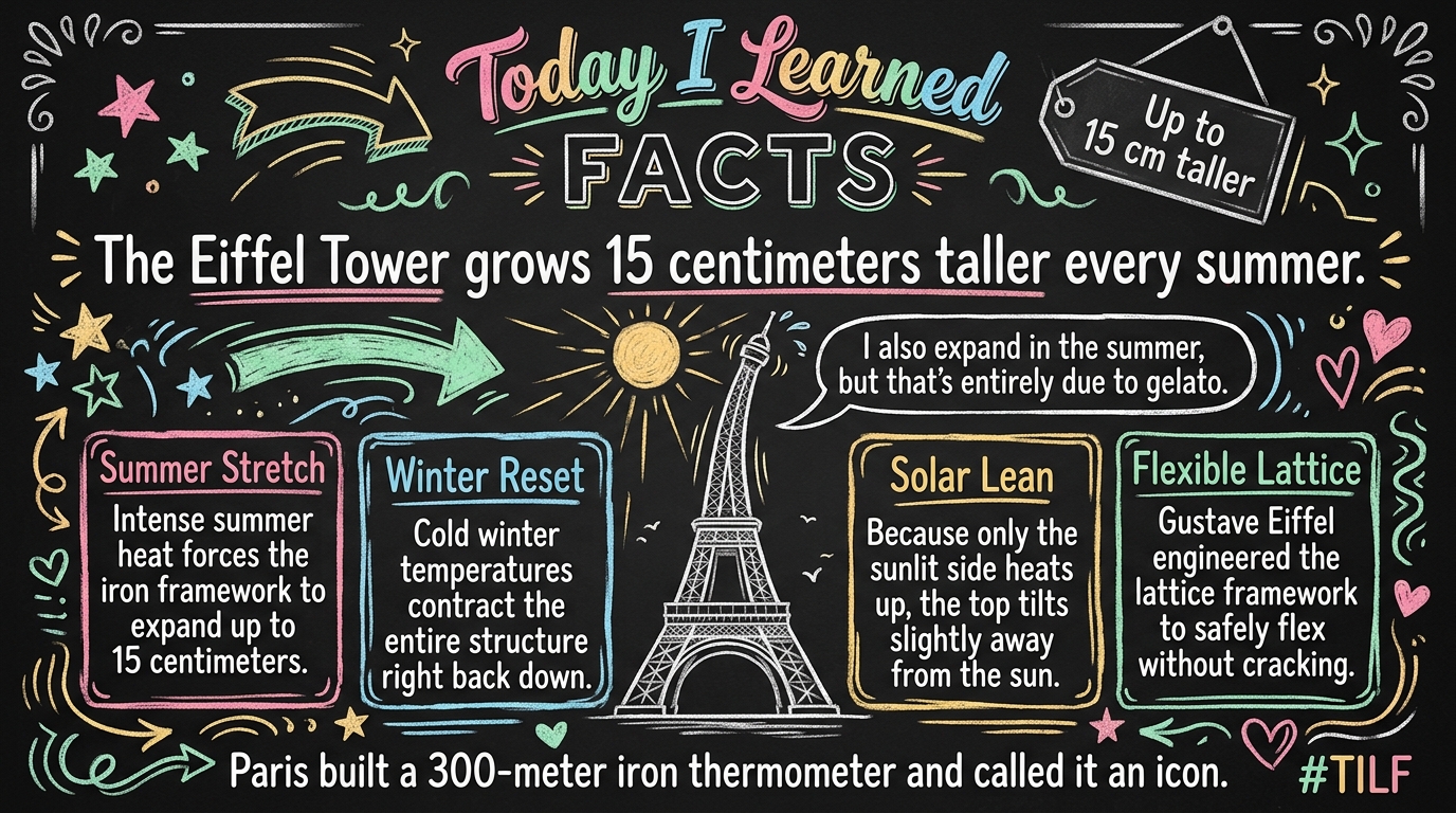 The Eiffel Tower gains fifteen centimeters every summer simply by getting hot.