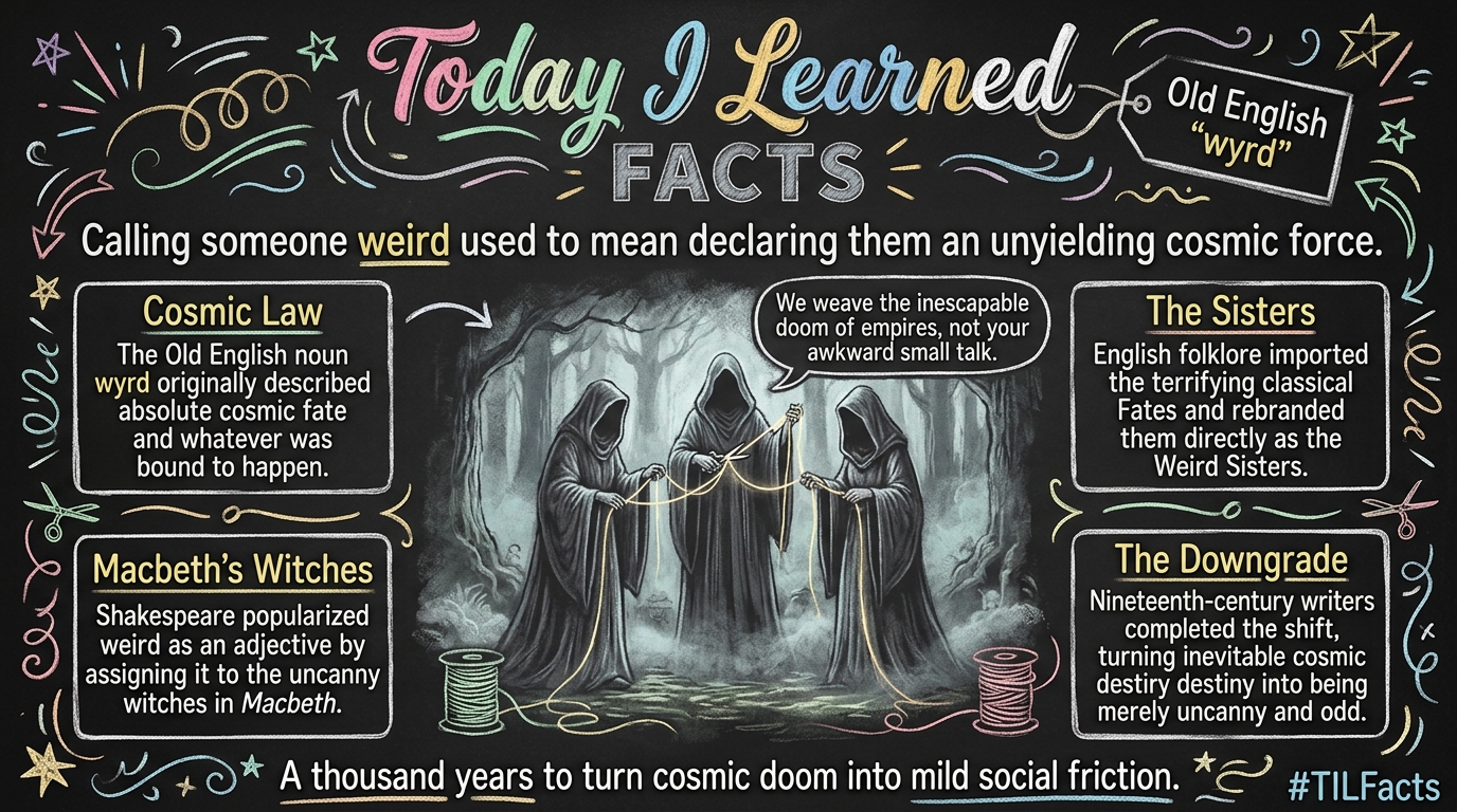 The word weird originally meant fate or destiny. Derived from the Old English wyrd, calling someone weird in ancient times was essentially declaring them to be a powerful, inevitable force of the univ