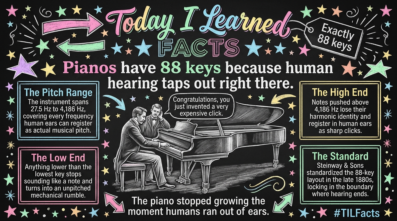 TIL modern pianos have exactly 88 keys because any notes beyond that range fall outside the limits of human hearing and become mere rumblings or shrill clicks to our ears.