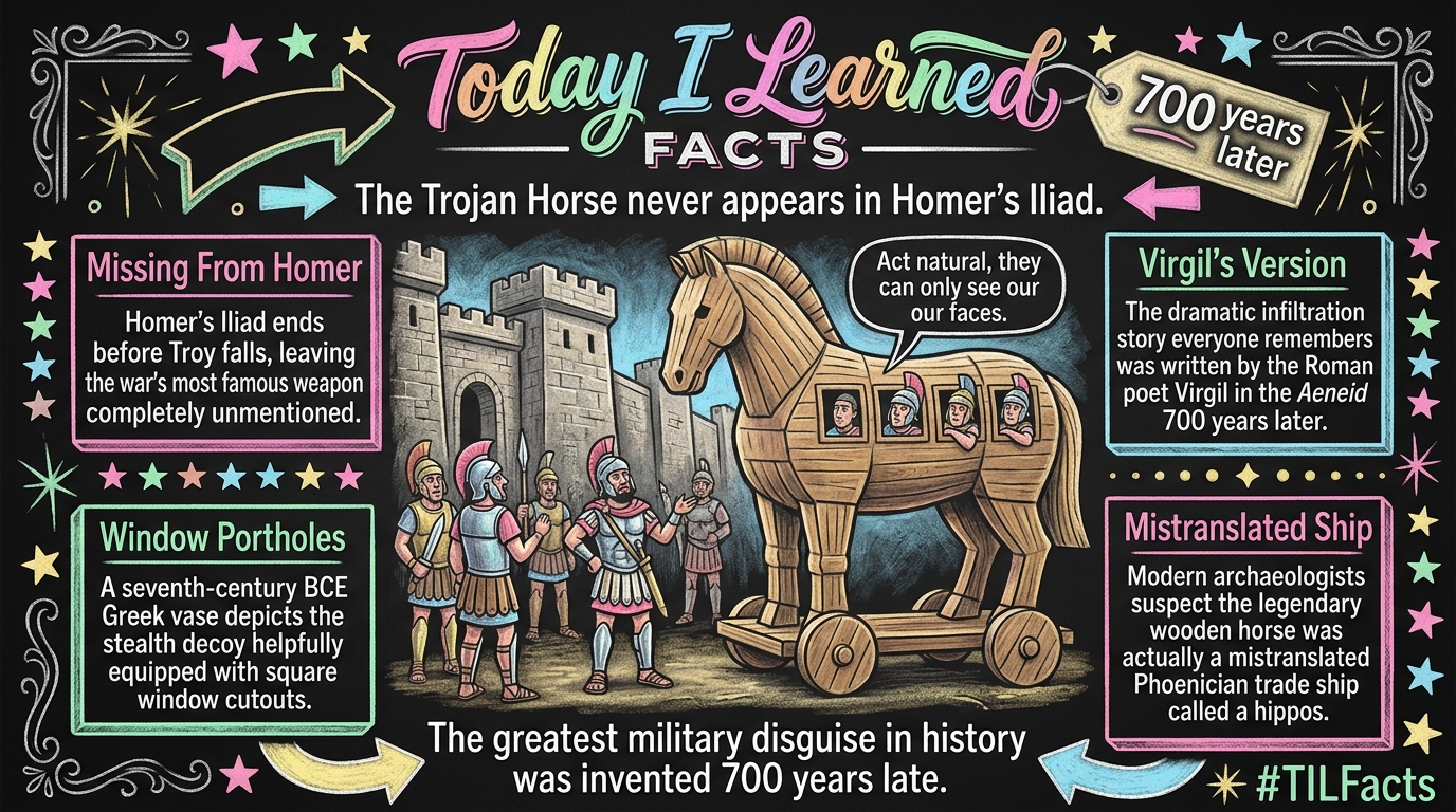 The Trojan Horse never appears in Homer's Iliad, was barely mentioned in The Odyssey, and everything we picture today comes from a Roman poet writing 700 years later.