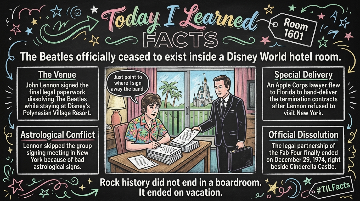 The Beatles officially ceased to exist not in London or New York, but inside room 1601 of Disney's Polynesian Village Resort. In December 1974, while the other members gathered to sign the legal termi