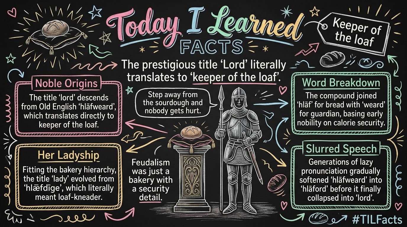 The prestigious noble title Lord literally translates to bread guardian, originating from the Old English word hlaford meaning the keeper of the loaf.
