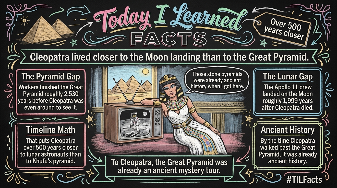 Cleopatra lived closer in time to the 1969 Moon landing than she did to the construction of the Great Pyramid of Giza.